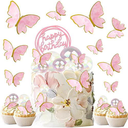 YGCHEN Schmetterlinge Tortendeko Kugeln Kuchendeko Bunte Ball Rosa Cupcake Topper Happy Birthday Cake Topper Schmetterling Kuchendekoration Mädchen Geburtstag Deko von YGCHEN