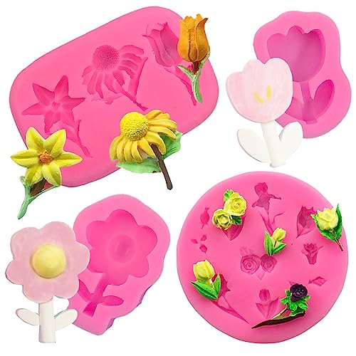 YGCHEN Silikonform Blumen Silikon Formen Tulpe Silikonformen Fondant Sonnenblume Silikon Kuchenform Rose Blumenform Lilie Kerzenform Blume Eiswürfelform 3D Gießform (4 Stück) von YGCHEN