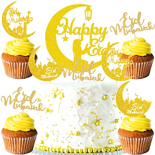 YGCHEN Tortendeko Eid Mubarak Kuchendeko Ramadan Cake Toppers Gold Glitzer Kuchen Dekoration für Eid Mubarak Islamisches Party Bankett Abendessen Dekoration 35 Stück von YGCHEN