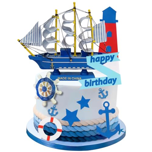 YGCHEN Tortendeko Nautische Kuchen Dekoration Mini Segelboot Figuren Happy Birthday Cake Topper Leuchtturm Rettungsring Schiffsanker Stern Kuchen Deko Kindergeburtstag 9 Stück von YGCHEN