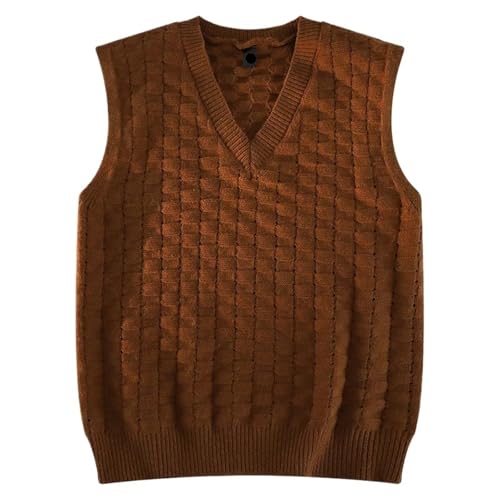 YGLEEULI Strickweste Herren Gestricktes Tanktop mit Jacquardmuster, horizontales Karomuster, Weste aus weichem Baumwollgarn for Herren, Strickpullover(Coffee,Pack of 1_L) von YGLEEULI