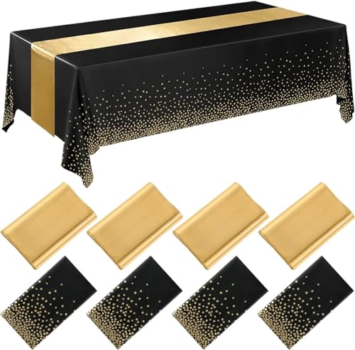 YGLEEULI Tischdecke Kunststoff Tischdecke Rose Gold 6 Sitz Tisch Abdeckung 108 Zoll Satin Tisch Läufer for Hochzeit(Black Gold) von YGLEEULI