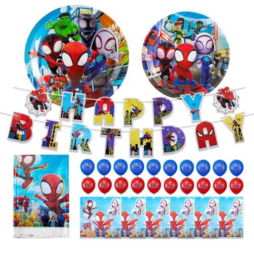 Party teller 62 pcs Geburtstag Party Geschirr, Spider Man Partygeschirr Set, Pappteller Kindergeburtstag mit Luftballons, Marvel Luftballons Pappteller Servietten Tischdecke von YHBGUSSS