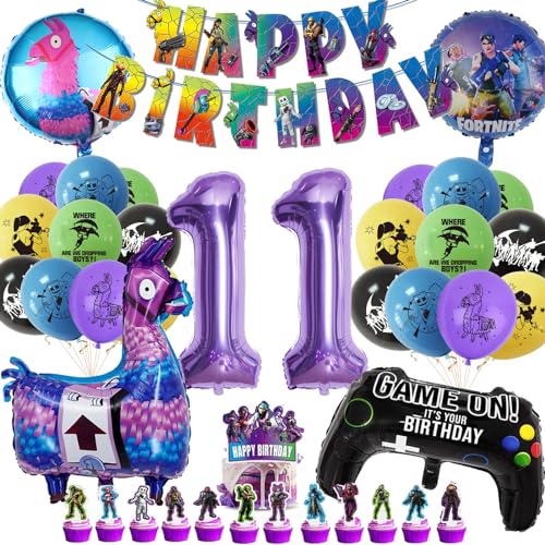 YHBXAMZ Luftballon 11 Geburtstag Junge, Fortnit Deko 11 Geburtstag Junge, Geburtstagsdeko 11 Jahre Junge mit Tortendeko, Videospiel Geburtstagsdeko Junge Lila Luftballon für Gamer Deko Party Deko von YHBXAMZ