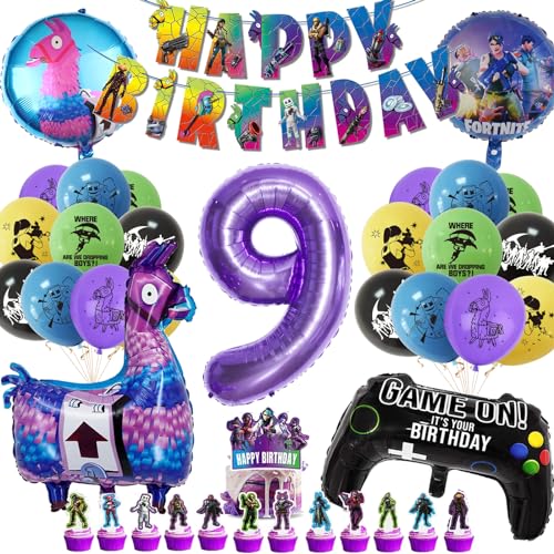 YHBXAMZ Luftballon 9. Geburtstag Junge Set, Fortnit Deko Geburtstag 9 Jahre Junge, Geburtstagsdeko 9 Jahre Junge mit Tortendeko, Gamer Geburtstagsdeko Junge Lila Luftballon für Gamer Deko Party Deko von YHBXAMZ