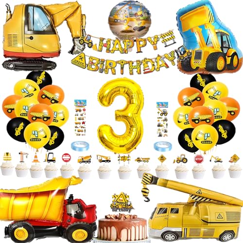 YHBXAMZ Bagger Deko Kindergeburtstag 3, Geburtstagsdeko Jungen Luftballon 3, Bagger Geburtstag Deko 3 Jahre, Baustelle Geburtstag Deko, Bagger Luftballons für Geburtstag Dekoration Party Deko von YHBXAMZ