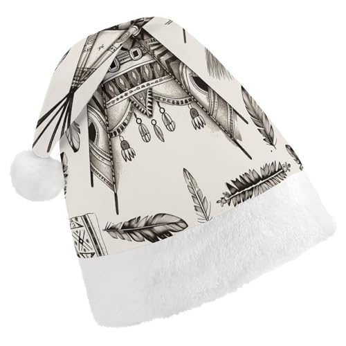 YHEGBFD Weihnachtsmütze, Feder-Kopfband, Tipi-Zeltdruck, Weihnachtsmannmütze, Unisex, Weihnachtsmannmütze, Neujahrsgruß, Weihnachtsmütze von YHEGBFD