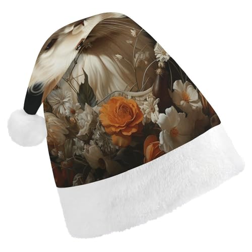 YHEGBFD Weihnachtsmütze, Hasen- und Blumendruck, Weihnachtsmütze, Unisex, Weihnachtsmannmütze, Neujahrsgruß, Weihnachtsmütze von YHEGBFD