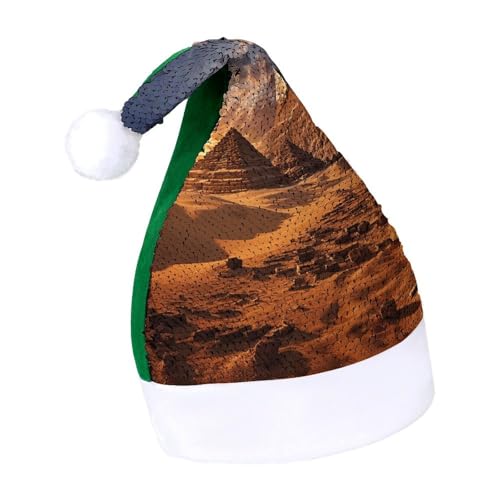 YHEGBFD Weihnachtsmütze, ägyptische Pyramiden-Druck, Weihnachtsmütze, Pailletten-Weihnachtsmannmütze, Neujahrsgruß, Weihnachtsmütze von YHEGBFD