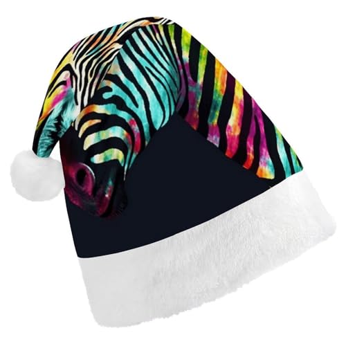 YHEGBFD Weihnachtsmütze, bunte Regenbogen-Zebra-Druck, Weihnachtsmütze, Weihnachtsmannmütze für Erwachsene, Neujahrsgruß, Weihnachtsmütze von YHEGBFD