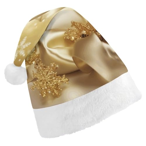 YHEGBFD Weihnachtsmütze, goldfarbener Seiden-Weihnachtsdruck, Weihnachtsmütze, Unisex, Weihnachtsmannmütze, Neujahrsgruß, Weihnachtsmütze von YHEGBFD