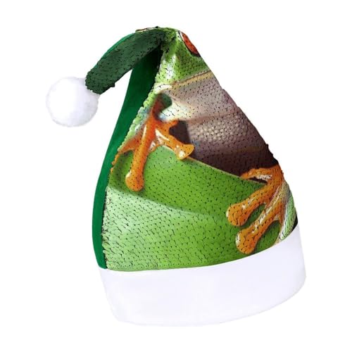 YHEGBFD Weihnachtsmütze, niedlicher Frosch-Druck, Weihnachtsmütze, Pailletten-Weihnachtsmannmütze, Neujahrsgruß, Weihnachtsmütze von YHEGBFD