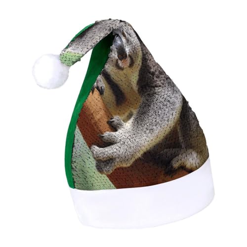 YHEGBFD Weihnachtsmütze, niedlicher Koala-Druck, Weihnachtsmütze, Pailletten-Weihnachtsmannmütze, Neujahrsgruß, Weihnachtsmütze von YHEGBFD