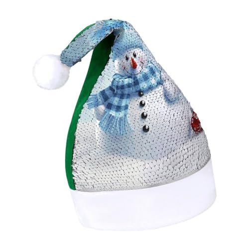 YHEGBFD Weihnachtsmütze, niedlicher Schneemann-Druck, Weihnachtsmütze, Pailletten-Weihnachtsmannmütze, Neujahrsgruß, Weihnachtsmütze von YHEGBFD