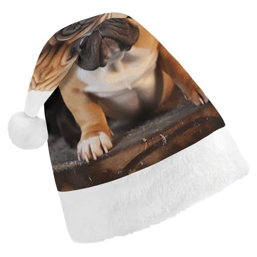 YHEGBFD Weihnachtsmütze, niedlicher französischer Bulldoggen-Druck, Weihnachtsmütze, Unisex, Weihnachtsmannmütze, Neujahrsgruß, Weihnachtsmütze von YHEGBFD