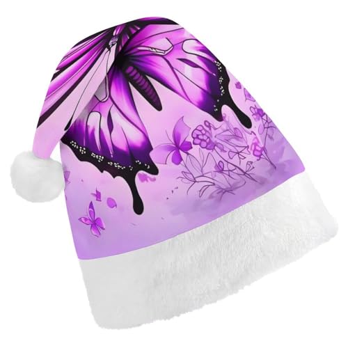 YHEGBFD Weihnachtsmütze, violetter Schmetterlings-Druck, Weihnachtsmütze, Unisex, Weihnachtsmannmütze, Neujahrsgruß, Weihnachtsmütze von YHEGBFD