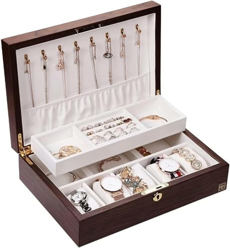 Aufbewahrungsbox Schmuckschatulle Schmuck-Organizer Holz Schmuckschatulle 2-Lagig Große Schmuckaufbewahrungsbox Schmuck-Organizer Für Halsketten Ohrringe Ringe Armbänder Uhren, 32 ,Walnut-32*22*9cm von YHEIANJ