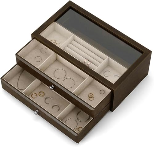 YHEIANJ Schmuckkoffer Schmuckschatullen Organizer Vintage Schmuckkoffer Mit 2 Schubladen Und Transparentem Glasdeckel Holz Schmuck Organizer,Walnut von YHEIANJ