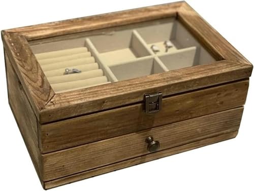 YHEIANJ Schmuckschatulle, Schmuck-Organizer, Massivholz, Retro-Schmuckschatulle Aus Holz Im Used-Look, Mit Transparentem Deckel, Doppellagig von YHEIANJ