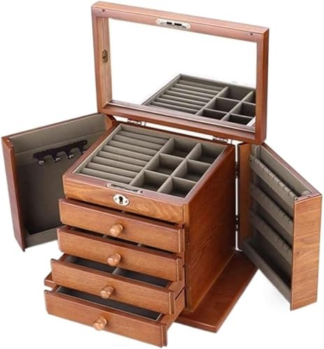 YHEIANJ Schmuckschatulle Aus Holz, 5-Lagige Schmuckschatulle, Schmuck-Organizer-Box, Schmuck-Displaybox Mit Schloss Für Ohrringe, Ringe, Halsketten, Armbänder, Schmuckhalter von YHEIANJ