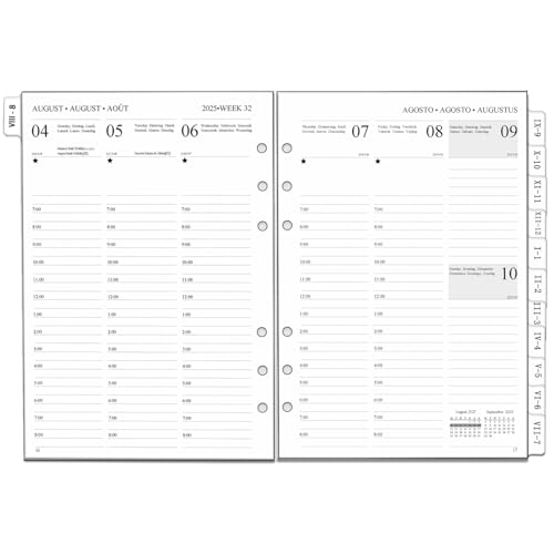 2025 2026 Wochenplaner Einlage A5 6 Löcher, Vertikaler Terminplaner 1 Woche 2 Seiten mit Monatsübersicht, Extra Notizen Kontakt, von Aug.25 bis Jul.26, 100 gsm, Kalendereinlage 2025/26 von YHH