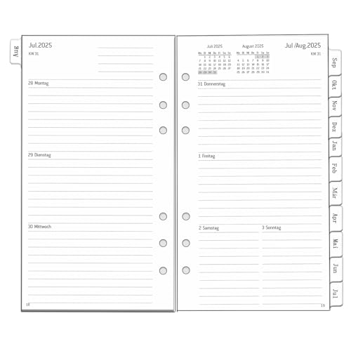 2025 2026 Wochenplaner Einlage Personal A6, 6 Löcher, 1 Woche 2 Seiten mit Tabs, Extra Notizen Kontakt, von Aug.25 bis Jul.26, Dicker Papier, 100 gsm, 95x171mm, Nachfüllpapier auf Deutsch von YHH