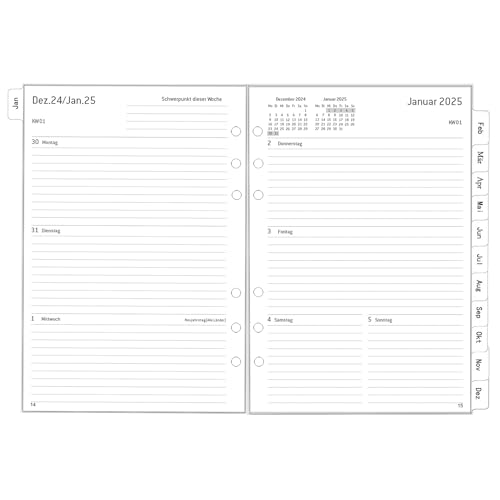 2025 Wochenplaner Einlage A5 6 Löcher, Deutsch, 1 Woche 2 Seiten mit Tabs, Mehr Notizen Kontakt, Jan.2025-Dez.2025, Dick Papier, 100 gsm, Nachfüllpapier für Kalender 2025 Planer von YHH