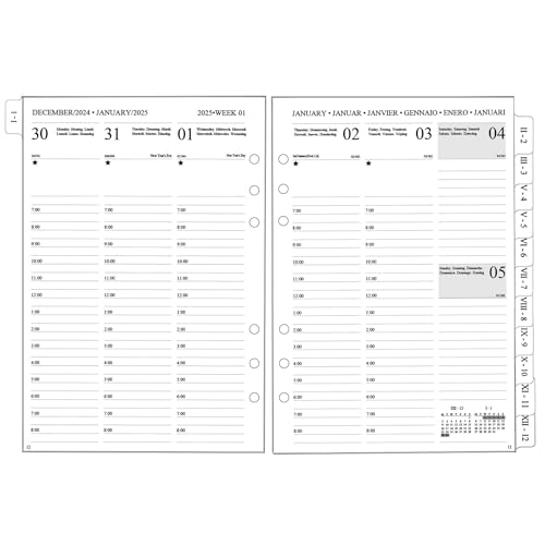 2025 Wochenplaner Einlage A5 6 Löcher, Vertikal, 1 Woche 2 Seiten mit Tabs, Extra Notizen Kontakt, Jan.25-Dez.25, Dickes Papier, 100 gsm, Nachfüllpapier für Kalender 2025 Planer(Mehrsprachig) von YHH