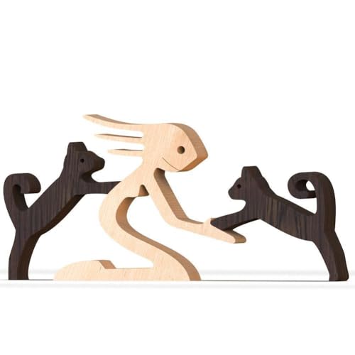 YHHIRCH Holzfigur Hund Katze Familie Welpe Holz Schnitzen Ornamente Ornament Sammelfigur Kunst für Zuhause Büro Wohnen Handgemachte Handwerk Kreative Geschenke (O) von YHHIRCH