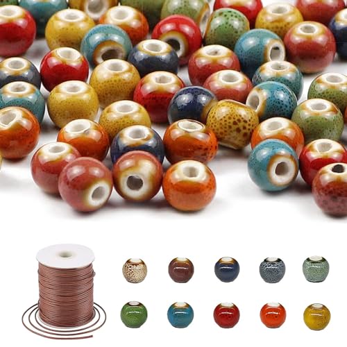 YHNMMNO 200 Stück 6mm Keramikperlen, Bastelperlen Set Ceramic Beads Craft, Keramikperlen zum Auffädeln mit 10 Meter lange Rolle Gewachster Draht Für Armband Halskette Schmuckherstellung Schmuck von YHNMMNO