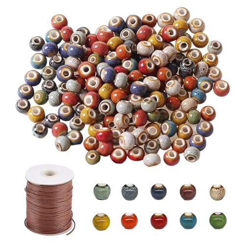 200 Stück 8mm Bunte Perlen Auffädeln, Bastelperlen Diy Keramik Perlen mit 10 Meter Lange Rolle Gewachster Draht, Keramikperlen zum Auffädeln für DIY Schmuck Arts Crafts Halskette Armreifb Armband von YHNMMNO