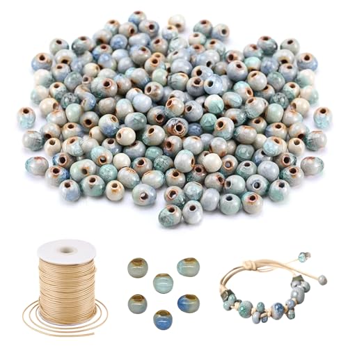 200 Stück Keramikperlen, 6mm Bastelperlen Set Ceramic Beads mit 10 Meter lange Rolle Gewachster Draht, Keramikperlen zum Auffädeln für DIY Schmuck Arts Crafts Halskette Armreifb Armband (Blau Weiss） von YHNMMNO