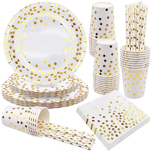 YHSKJCD Weiß und Gold Partygeschirr 80 Stück Golden Dot Kindergeburtstag Mädchen Party Deko Zubehör Set ​Enthält Pappteller Servietten Tassen für Party Hochzeiten Deko Jubiläums - 20 Gäste von YHSKJCD