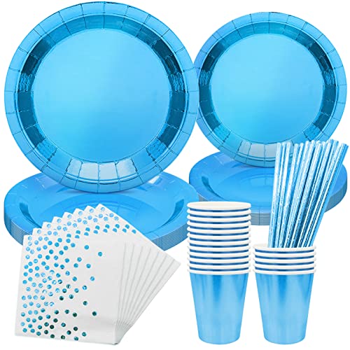 YHSWIN 99 Stück Partygeschirr Set,Blaue Papier Servietten Strohhalme Pappbecher für Weihnachten Geburtstage Partys Hochzeiten und Fügen Sie das Thema der Partyatmosphäre Hinzu,24 Gäste von YHSWIN