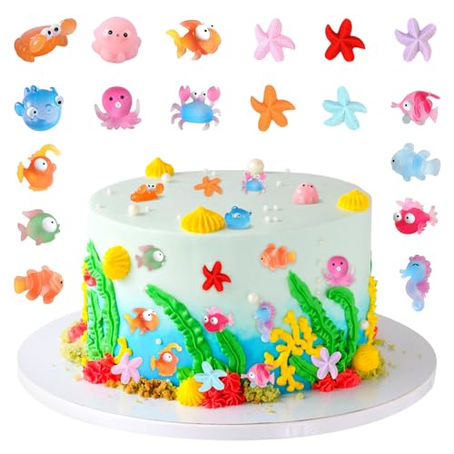 YHUIKXIN 18 Stück Strand Mikrolandschaft Miniatur Dekoration Meerestiere Kuchen Topper Seepferdchen Krabben Oktopus DIY Mini Strand Cupcake Deko für Hawaiisch Thema Geburtstag Hochzeit Party von YHUIKXIN