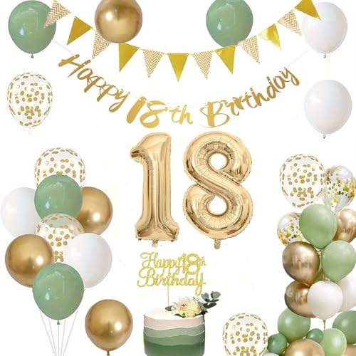 18 Geburtstag Dekorationen für Jungen Mädchen, Happy 18 Birthday Banner Zahl 18 Folienballon Salbeigrün Weiß Gold Konfetti Geburtstag Luftballons für 18 Jahre Alt Geburtstag Party Dekoration von YHZHIZHIMQ