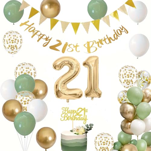 21 Geburtstag Dekorationen für Jungen Mädchen, Happy 21th Birthday Banner Nummer 21 Folienballon Salbeigrün Weißgold Konfetti Geburtstagsballons für 21 Jahre alt Geburtstag Party Dekoration von YHZHIZHIMQ