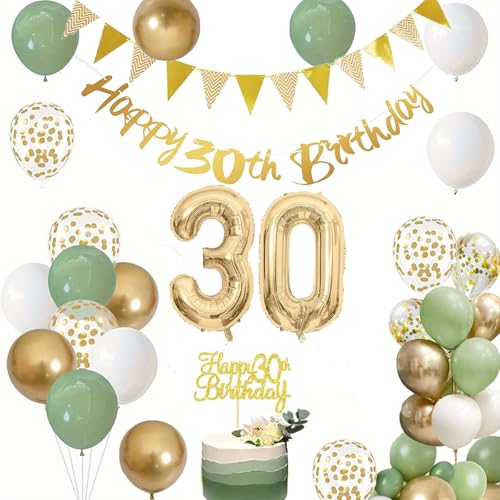 30 Geburtstag Dekorationen für Jungen Mädchen, Happy 30th Birthday Banner Nummer 30 Folienballon Salbeigrün Weiß Gold Konfetti Geburtstagsballons für 30 Jahre alt Geburtstag Party Dekoration von YHZHIZHIMQ