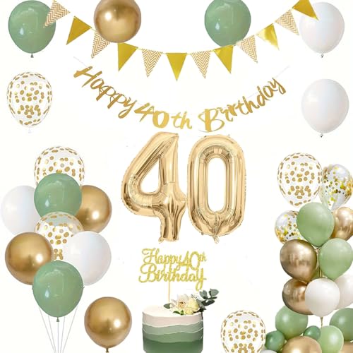 YHZHIZHIMQ 40 Geburtstag Dekorationen Salbeigrün Weiß Gold Konfetti Luftballons, Happy 40th Birthday Banner mit 40 Folienballon und Cake Toppers für 40 Jahre alt für Männer Frauen von YHZHIZHIMQ