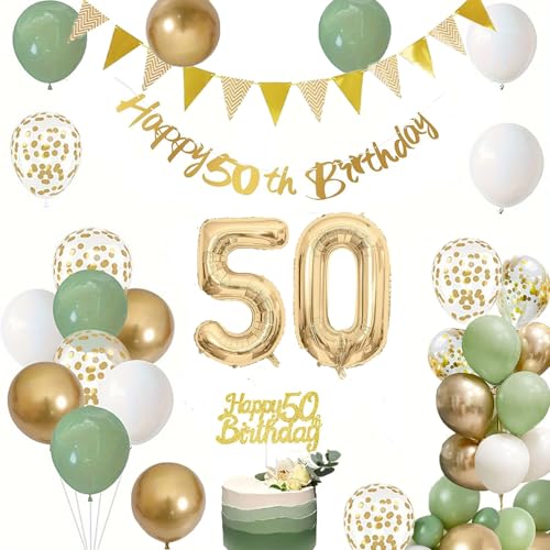 50. Geburtstag Dekorationen für Männer und Frauen, Salbeigrün Weiß Gold Luftballons zum 50. Geburtstag mit Happy Fiftyth Birthday Banner Cake Toppers Zahl 50 Ballons für 50 Jahre alte Dekorationen von YHZHIZHIMQ