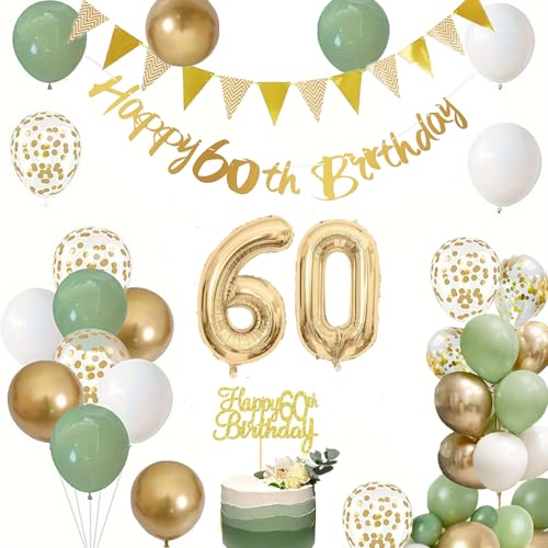 60. Geburtstag Dekorationen für Männer Frauen, Happy 60th Birthday Banner Nummer 60 Folienballon Salbeigrün Weiß Gold Konfetti Geburtstag Luftballons für 60 Jahre alt Geburtstag Party Dekoration von YHZHIZHIMQ