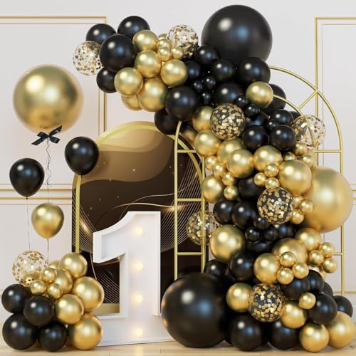 Luftballons Girlande Schwarz Gold,133 Stück Ballon Geburtstag Gold Schwarz mit Metallic Konfetti Ballons für Geburtstagsdeko Babyparty Hochzeit JubiläUm Graduation Engagement Party Deko von YHZHIZHIMQ