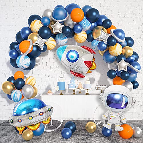 112 Pcs Weltraum Blau Luftballons Girlande Kit Kindergeburtstag Weltraum Balloons Dekoration, Space Partydeko UFO Astronaut Rakete Folienballon Navy Blau Orange Luftballons für Kinder Junge Mädchen von YHmall