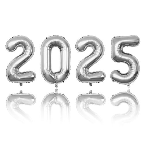 16 Zoll 2025 Luftballons, Happy New Year Ballons, Goldfolie Zahlenballons, Silvester Dekorationen 2024 Ballons für Nye Party Dekorationen 2025 Weihnachten (Silber) von YIAJIA