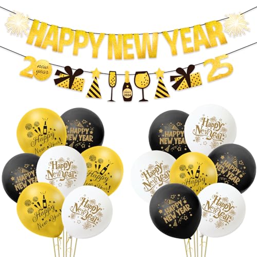 Happy New Year Dekorationen 2025 - 1 Schwarz Gold Happy New Year Banner mit 15 Happy New Year Ballon Set, 2025 Happy New Years Eve Party Decors von YIAJIA