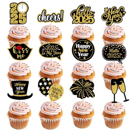 Tortenaufsätze "Happy New Year", 24-teiliges Kuchenaufsatz-Dekorationsset, Schwarz-Gold, Cupcake-Topper für Silvester-Dekoration 2025, Partyzubehör von YIAJIA