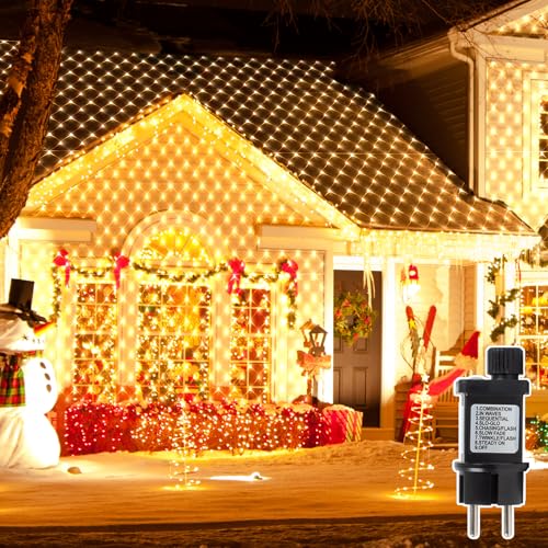 Lichternetz Außen 3x2m, 200 LED Lichterkette Netz Außen Lichtervorhang warmweiß, wasserdicht Lichternetz Innen Weihnachtsbeleuchtungaußen Netz Außen mit Timer 8 Modi für Büsche Garten Zimmer Balkon von YIBONIKA