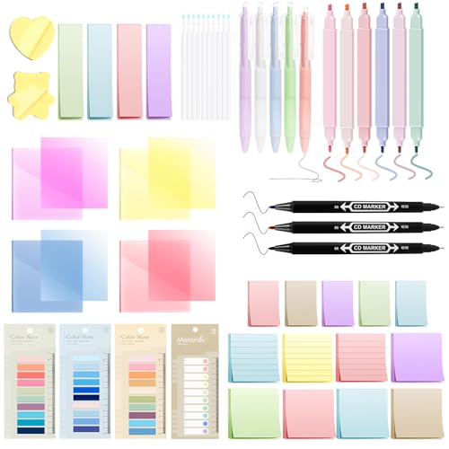 YIBONIKA 2900 Haftnotizen + 24 Schreibgeräte Set (6 Textmarker Pastell, 5 Gelstift 10 Ersatzkern, 3 Ölbasierter Marker) Sticky Notes Selbstklebend Set für Lesezeichen,Studieren,Büro,Schulplaner Memo von YIBONIKA