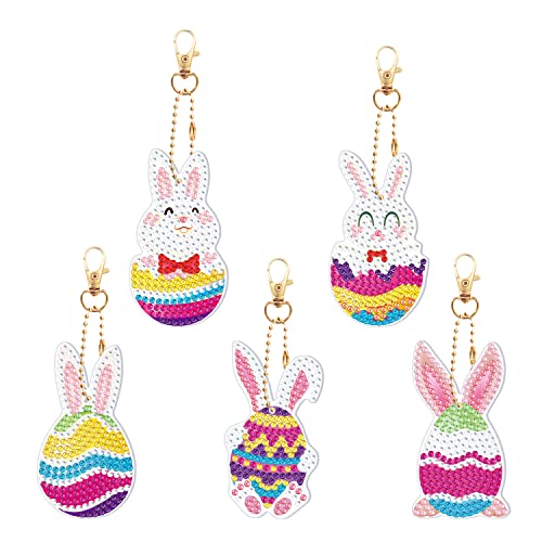 YICHEN 5 Stücke DIY Ostern Diamant Malerei Schlüsselanhänger Schlüsselring Hase Ostereier Schlüsselbund 5D Full Drill Diamond Painting Keychain Tasche Anhänger Geschenk für Kinder Familie Festliche von YICHEN