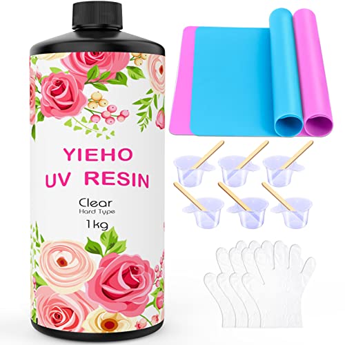 YIEHO 1000g UV Resin -UV Harz Upgraded Crystal Clear Hard UV schnell härtende Epoxidharz liefert mit Matte für Handwerk Schmuck machen 1KG von YIEHO